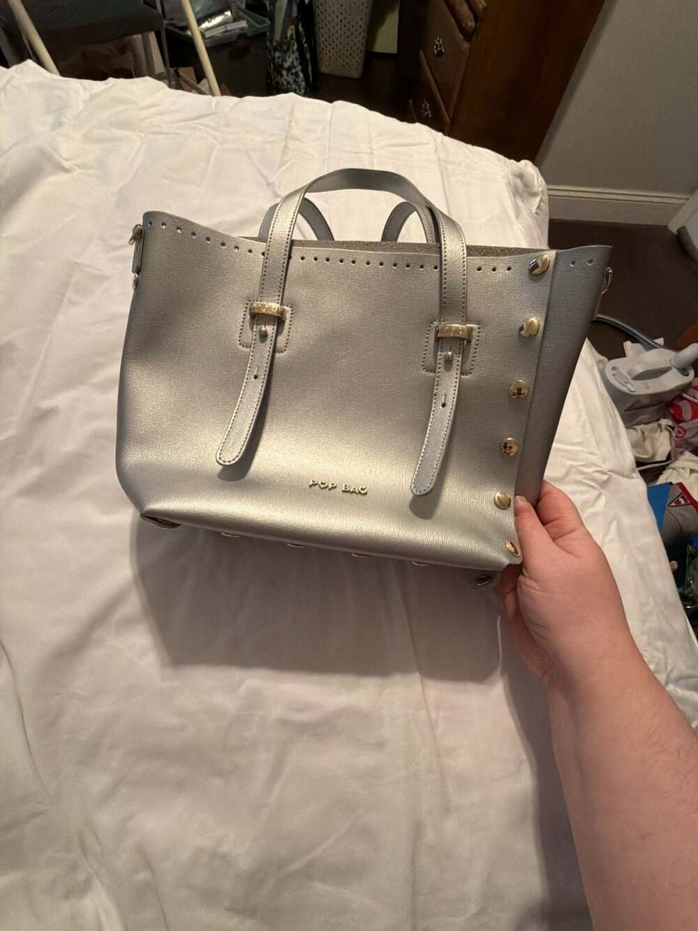 POP Bag Firenze Metallic Silver Genuine Leather Convertible Studded Tote